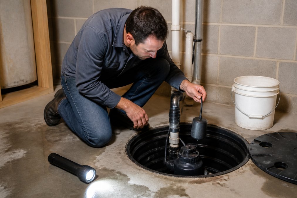 Homeowner testing a sump pump in a basement to prevent basement flooding before the storm season begins.
