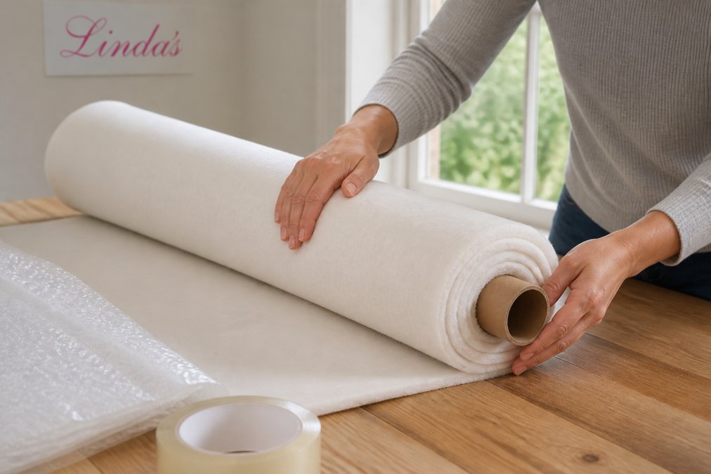 Close-up of hands rolling a large piece of white quilt batting around a cardboard tube on a wooden table, with bubble wrap and packing tape nearby in soft window light