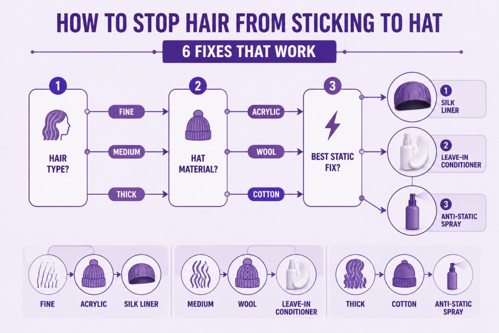 Flowchart for choosing the best beanie hair static fix based on hair texture and hat material.