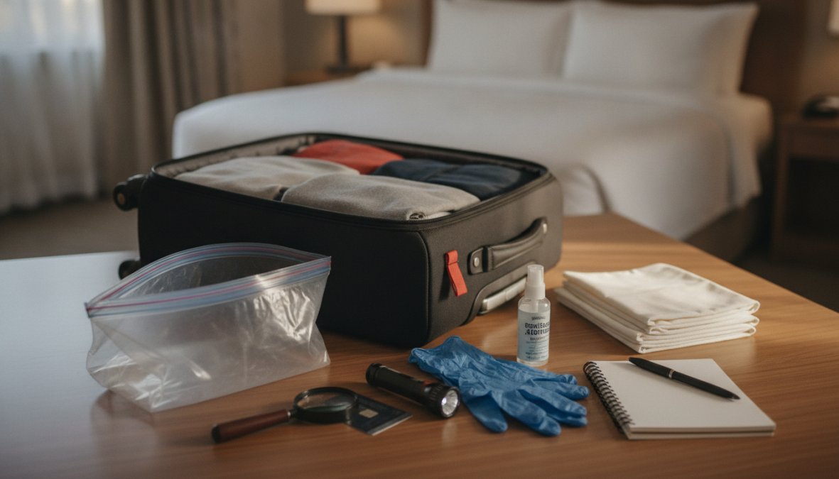 Close-up of a traveler using a flashlight to inspect mattress seams and headboard for bed bugs in a hotel room