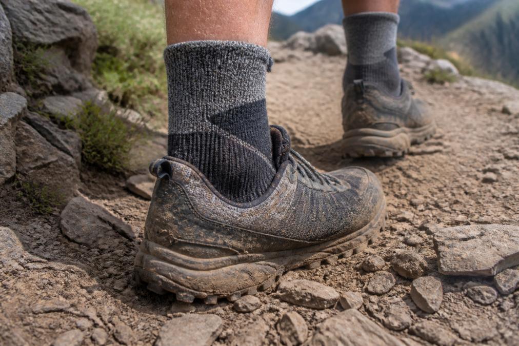 Close-up of a trail runner's feet wearing thick performance socks on a rocky dirt trail, with visible sock texture wrapping snugly around the ankle and heel, natural daylight, dusty terrain