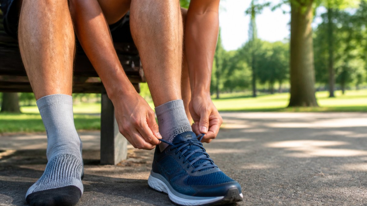Close-up of a runner's feet wearing technical running socks, seated on a bench tying running shoes in a bright park setting