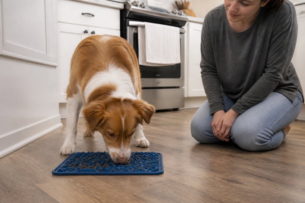 Dog eating from a textured silicone slow feeder mat to help prevent bloat in dogs while the owner watches.