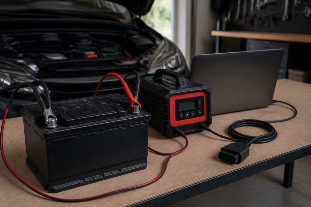Car battery connected to a smart charger with a laptop and OBDII diagnostic cable on a workbench.