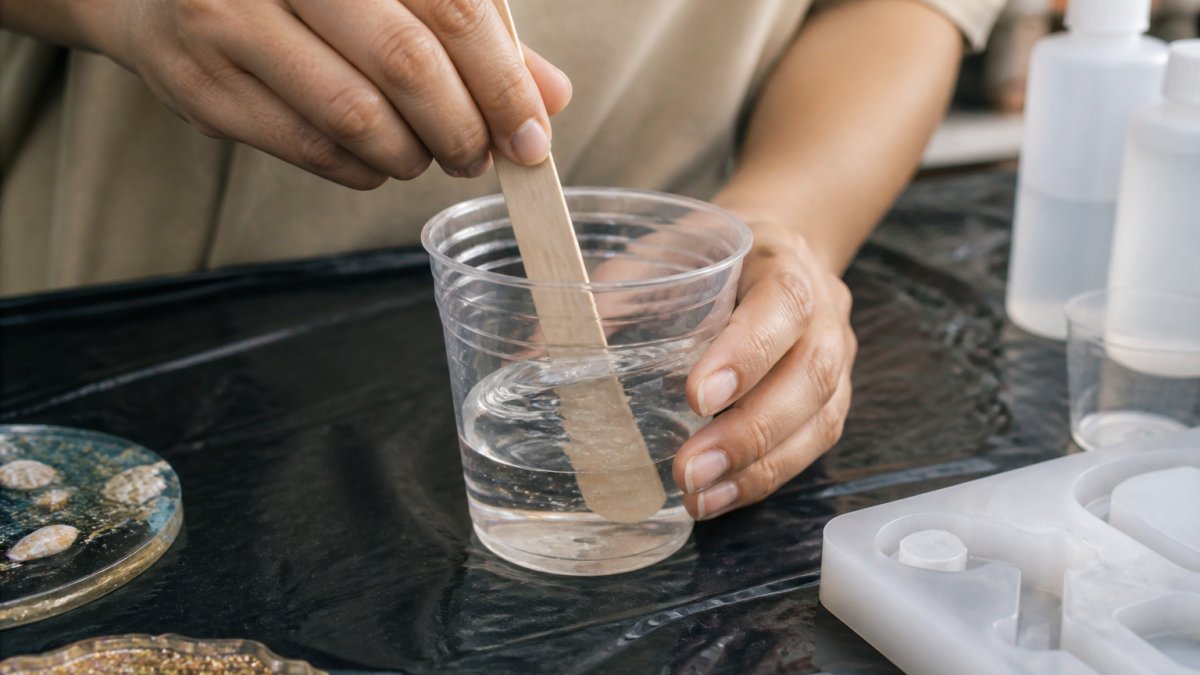 Close-up of hands slowly stirring epoxy resin and hardener in a mixing cup with a wooden stick, showing deliberate, controlled mixing motion over a work surface