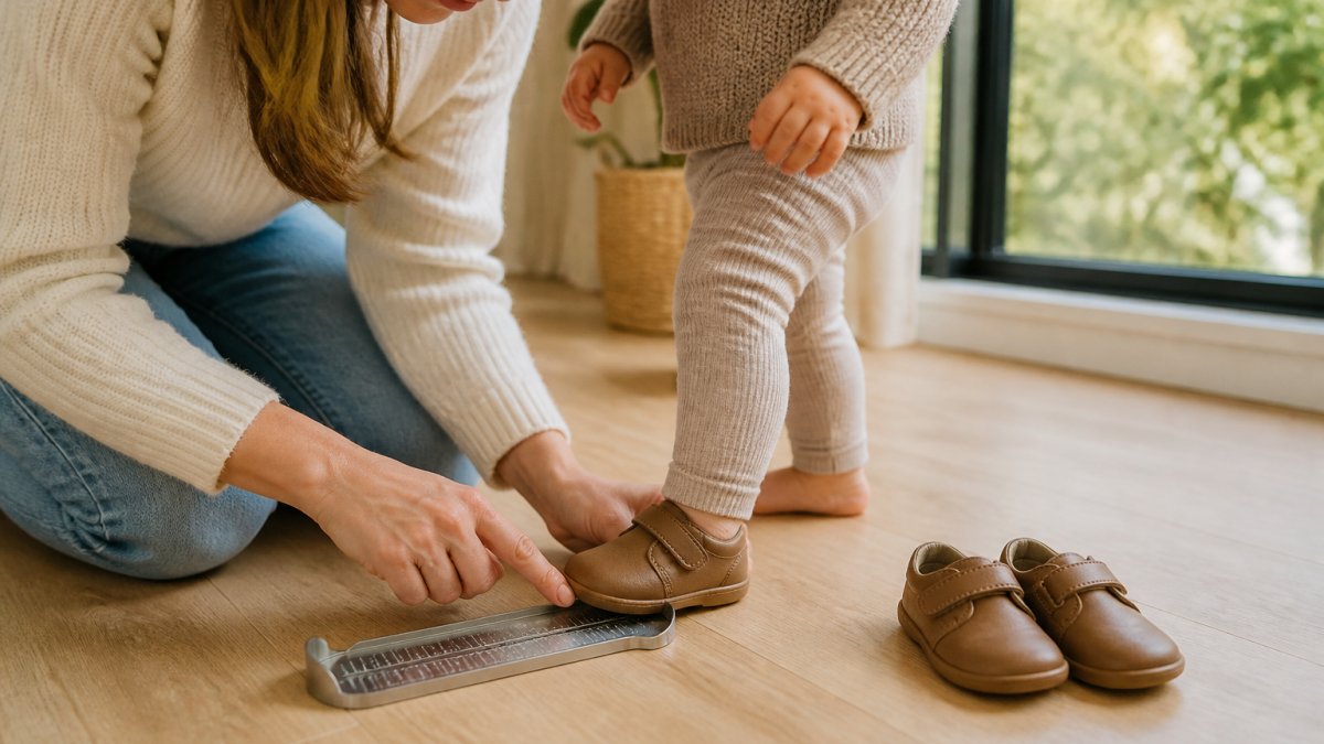 A parent kneeling on a light wooden floor gently pressing the toe of a small leather barefoot shoe on a toddler's foot, with a measuring gauge and a second pair of shoes nearby, warm natural daylight through a window