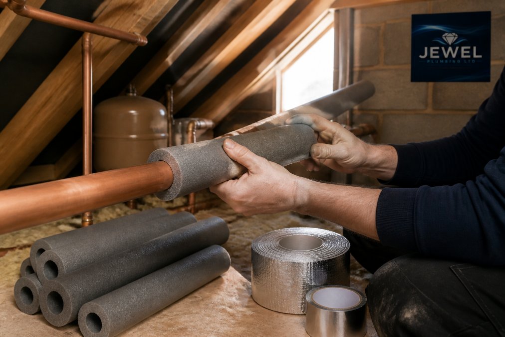 A plumber's hands wrapping grey foam lagging around a copper pipe in a dim loft, insulation materials and tape nearby, soft daylight through a small window