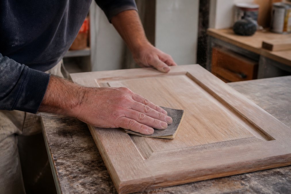Professional hands sanding cabinet door with fine-grit sandpaper, creating dust in natural workshop lighting, showing the detailed scuff-sanding technique