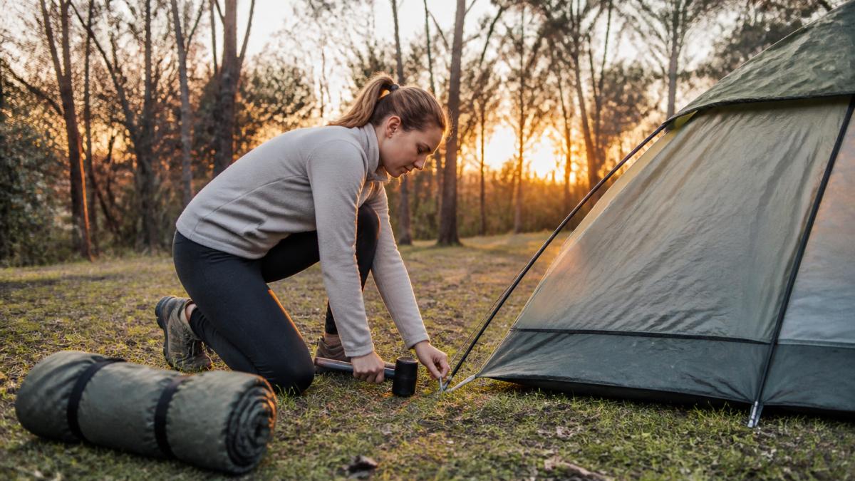 A camper kneeling on soft ground to peg out a tent, keeping their back straight and using both hands, with a mallet and rolled-up tent bag nearby in a grassy bush campsite at golden hour