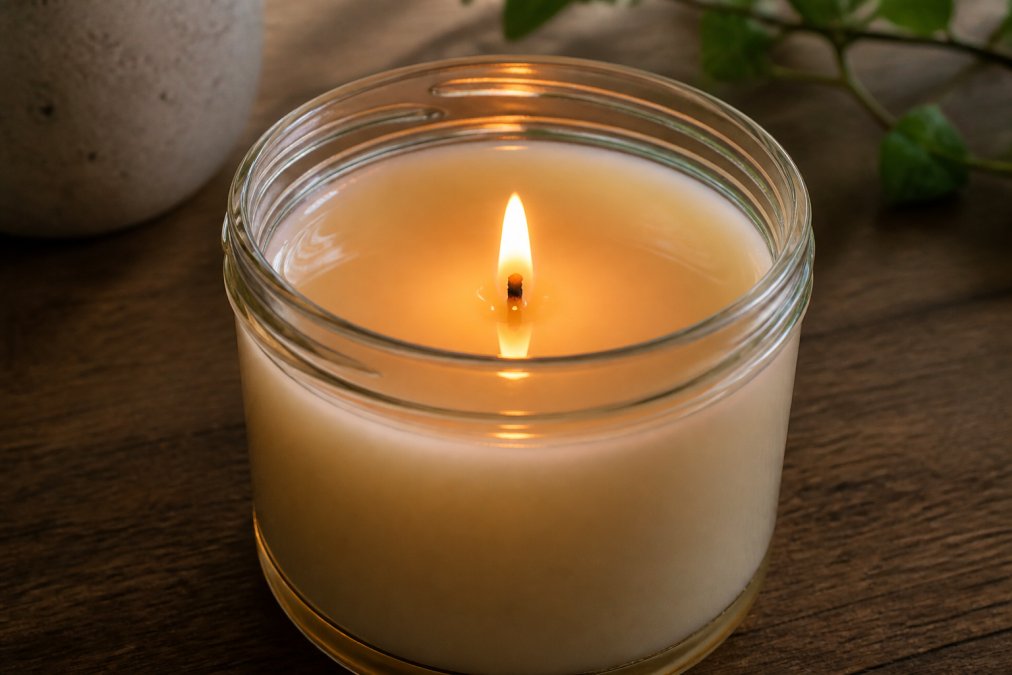 Close-up of a lit candle in a clear jar showing a full, even wax pool across the entire diameter, with a properly trimmed wick burning steadily and warm candlelight reflecting off the glass