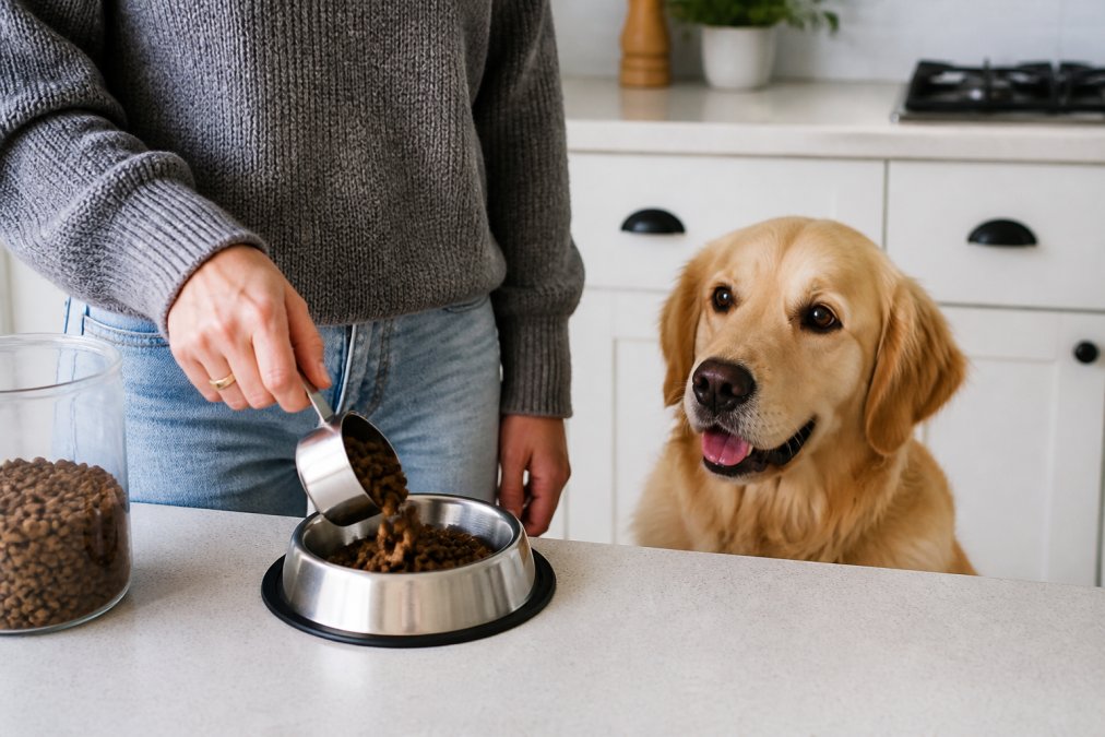 Owner measuring dog food into a stainless steel bowl with a metal measuring cup, with a golden retriever watching expectantly from nearby in a bright kitchen