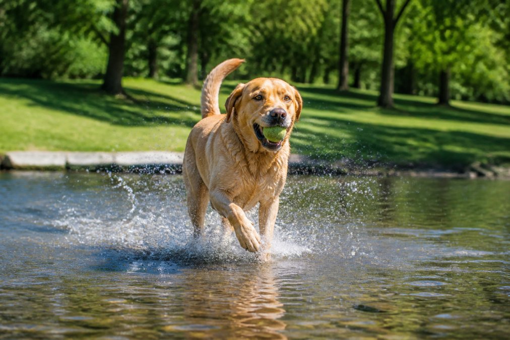 Active Labrador Retriever running through a sunny park with a tennis ball in its mouth, splashing through shallow water with trees and green grass in the background