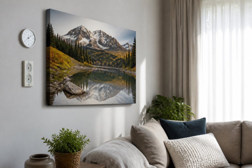 Canvas print displayed on a wall in a climate-controlled living room with natural light filtering through curtains, a visible hygrometer and thermometer mounted on the wall nearby showing stable humidity and temperature readings