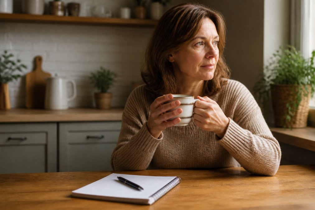 A caregiver sitting at a kitchen table with a cup of tea, looking calm and relaxed, with a notebook and pen nearby for planning and journaling