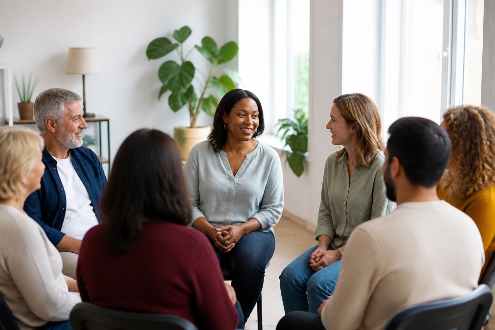A group of people in a supportive circle at a support group meeting, showing connection and community, with warm natural lighting
