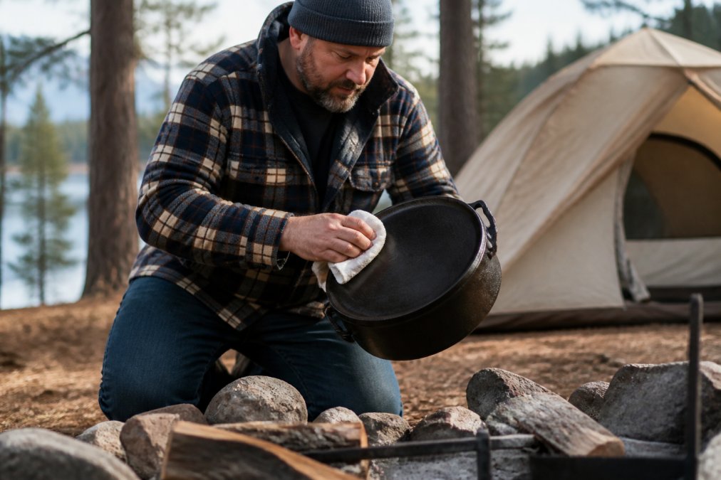 Camper applying a thin coating of oil to a cast iron dutch oven using a cloth, with a campsite and tent visible in background