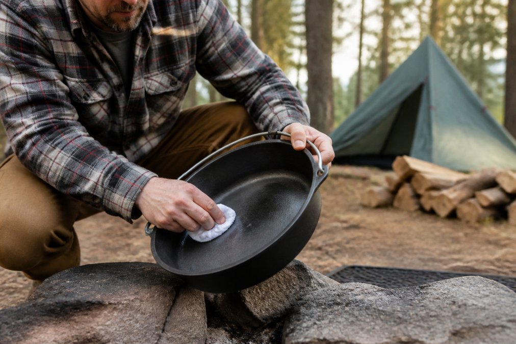 Professional illustration showing Camper for how to prevent cast iron rust while camping