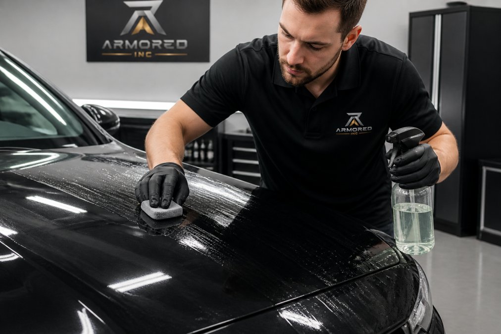 Professional detailer using detailing clay bar on vehicle's hood with proper technique, showing clay lubricant spray and smooth horizontal motions under bright workshop lighting