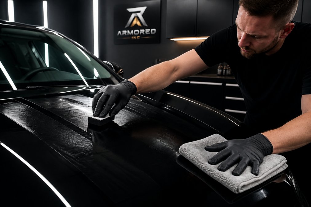 Detailer applying ceramic coating using cross-hatch pattern with applicator pad on vehicle panel, then buffing with microfiber towel in perpendicular direction under bright inspection lighting