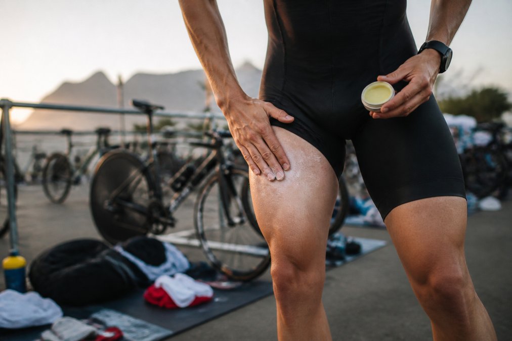 Close-up of a triathlete's hand applying anti-chafe balm to their inner thigh before a race, tri-suit visible, soft morning light at a transition area