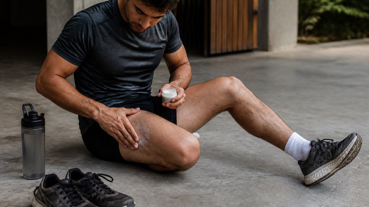 A runner in moisture-wicking gear applying anti-chafing balm to their inner thigh before heading out on a long run, with running shoes and a water bottle nearby