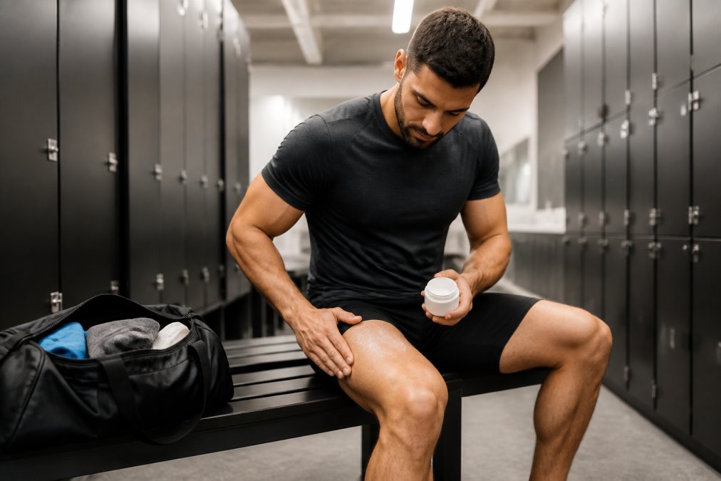 Athlete in a gym locker room applying anti-chafe balm to inner thighs before a run, fluorescent lighting overhead, duffel bag open on bench