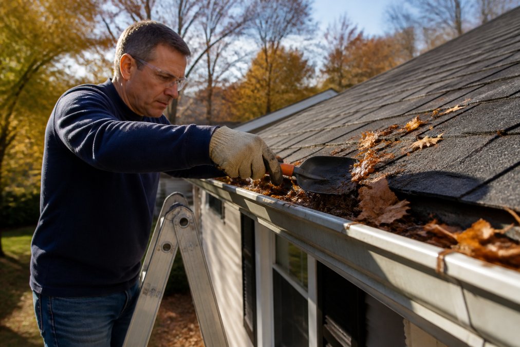 A homeowner in work gloves and safety glasses using a gutter scoop on a stable ladder, clearing wet leaves from a residential aluminum gutter on a sunny autumn afternoon