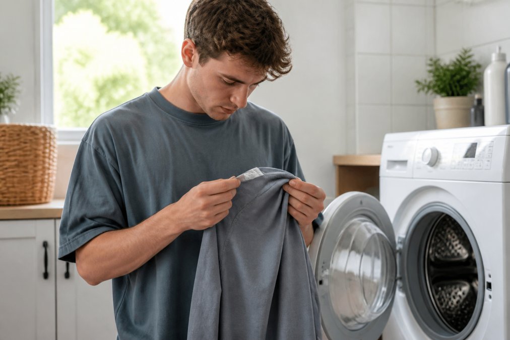Person carefully reading a fabric care label on the inside of an oversized cotton t-shirt, standing in front of an open washing machine in a bright laundry room, natural window light