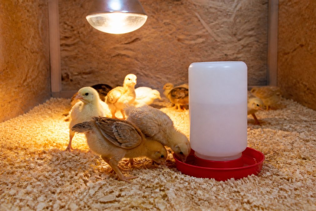 Healthy young chicks drinking from a clean waterer on fresh, dry pine shavings under a glowing heat lamp