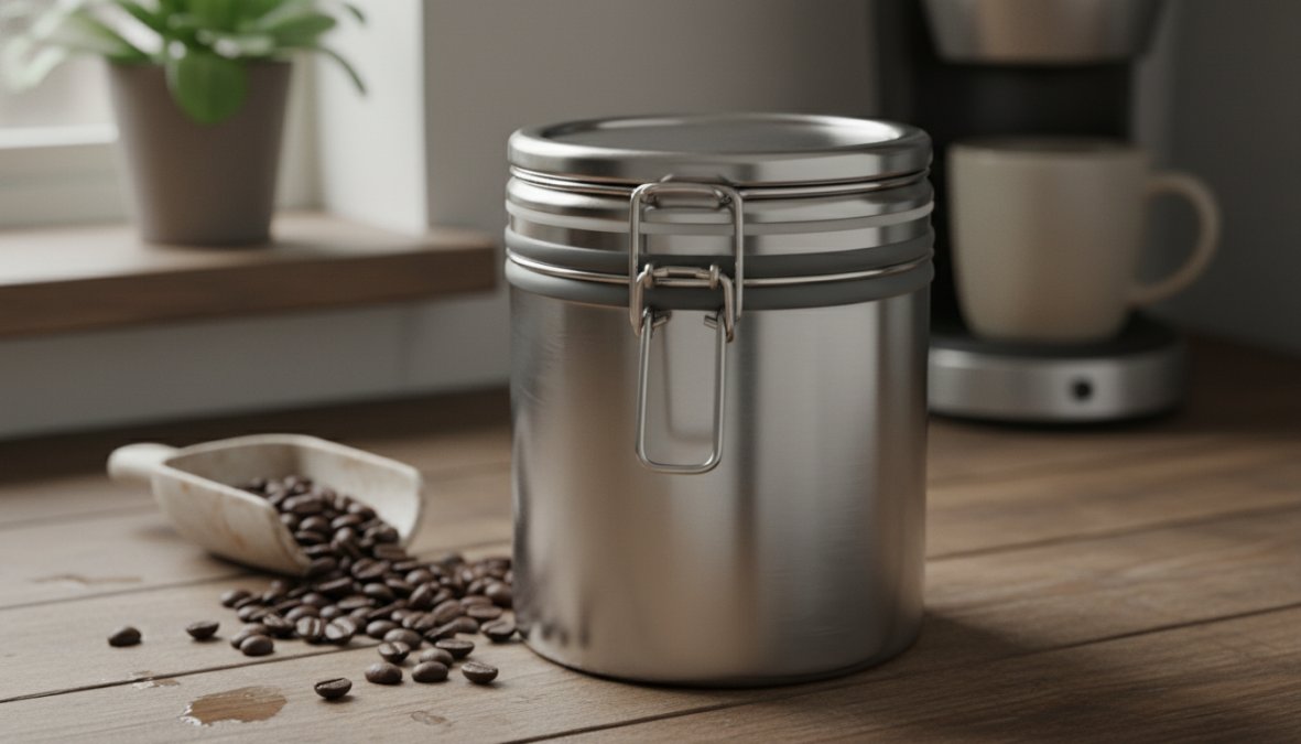 A clean kitchen counter displaying three airtight coffee storage containers side by side: a matte ceramic canister, a glass jar with a metal clamp seal, and a stainless steel vacuum canister, with whole coffee beans visible spilling from the open glass container, warm natural light from a nearby window