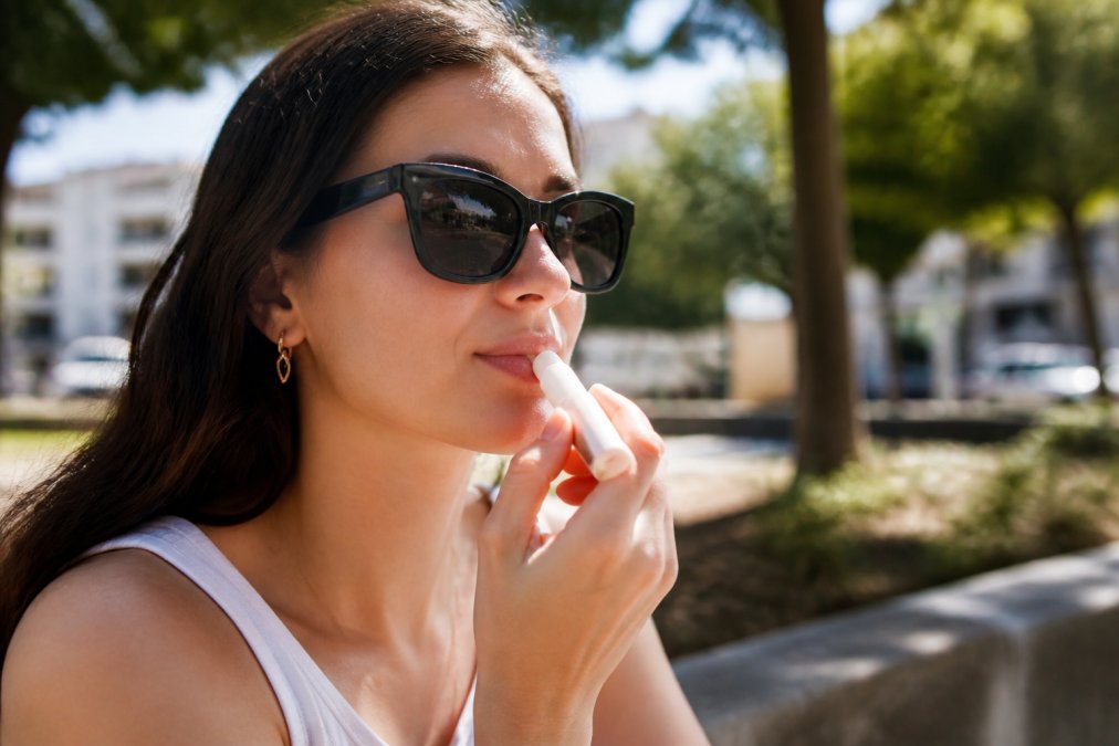 A person applying lip balm with SPF from a small tube while sitting outdoors in bright sunlight, lips protected and relaxed