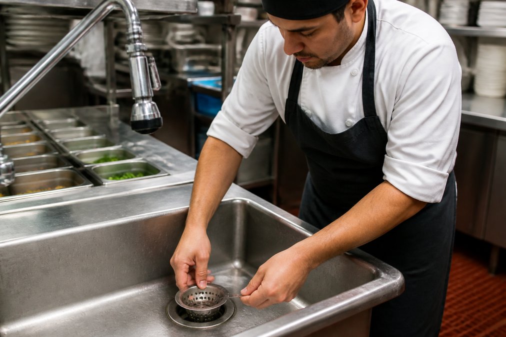 A restaurant kitchen worker in a clean uniform fitting a metal drain strainer into a commercial sink drain, with stainless steel prep surfaces and food bins visible in the background