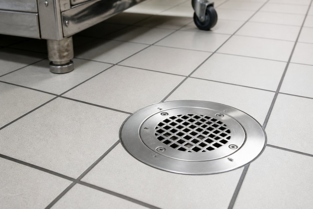 Close-up of a stainless steel tamper-resistant floor drain cover installed flush in a commercial kitchen floor, with white tile surroundings and visible drain grate detail under bright overhead lighting