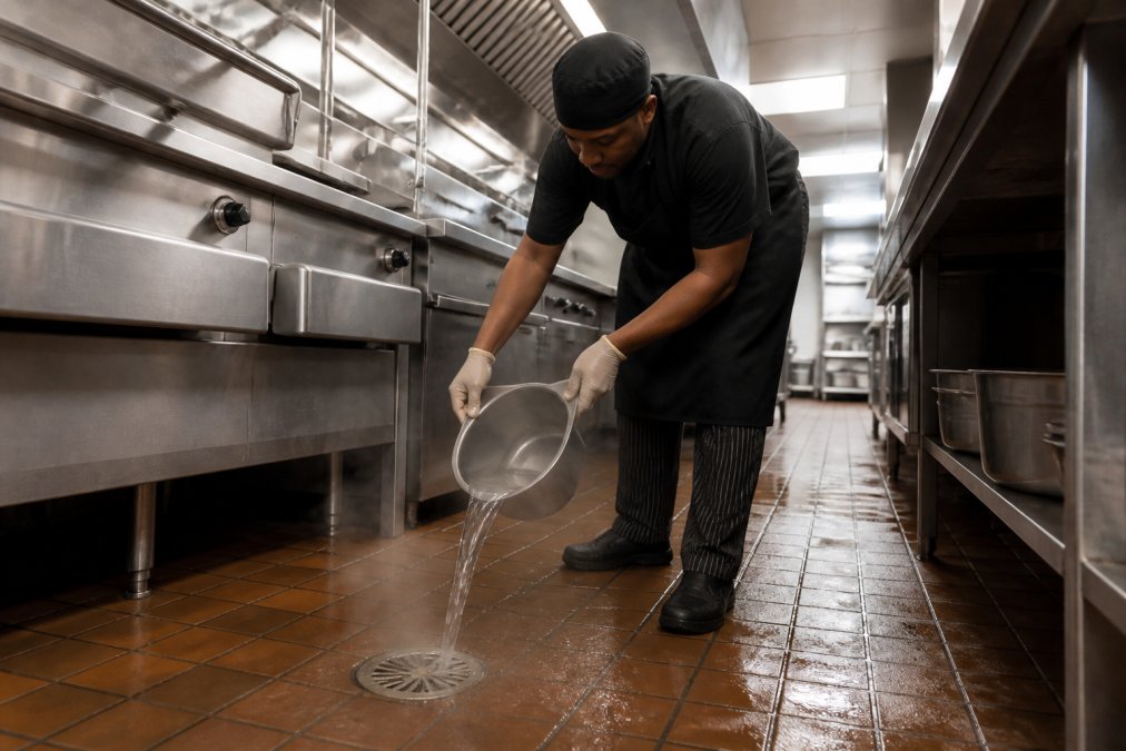 A kitchen maintenance worker in a commercial restaurant kitchen pouring hot water down a floor drain during an end-of-shift cleaning routine, with stainless steel equipment and overhead ventilation hoods visible in the background