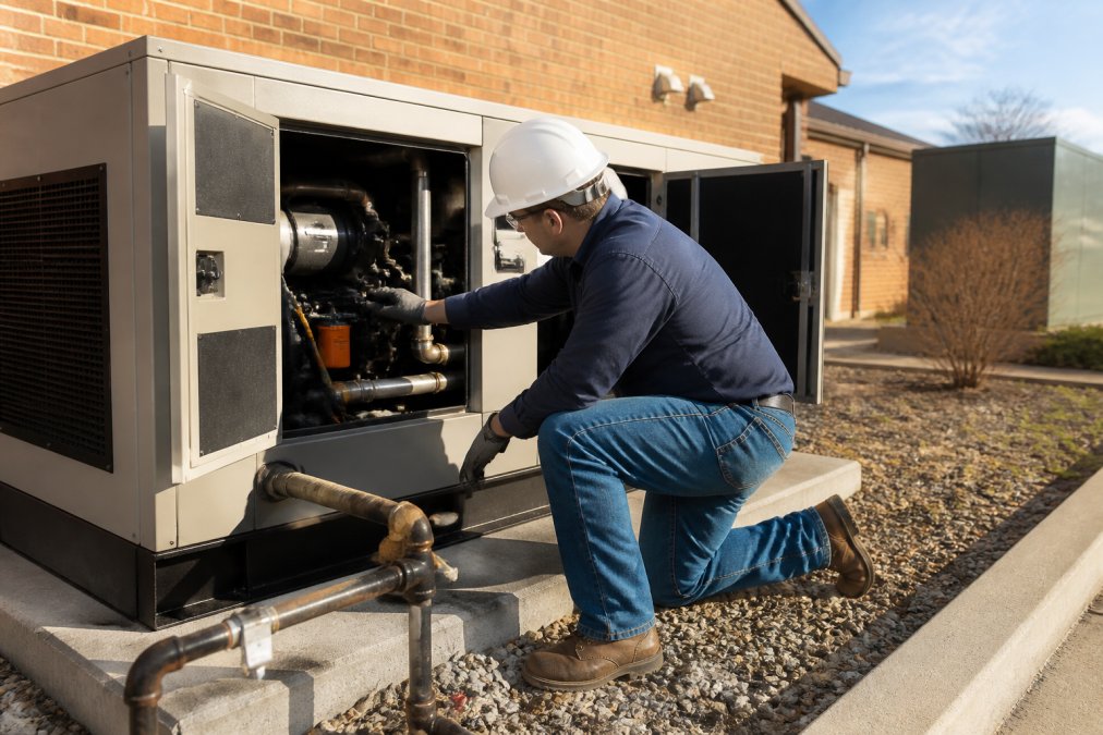 A licensed electrician in work gear inspecting a large commercial standby generator mounted on a concrete pad outside a brick commercial building, checking fuel lines and examining the control panel display in bright afternoon sunlight