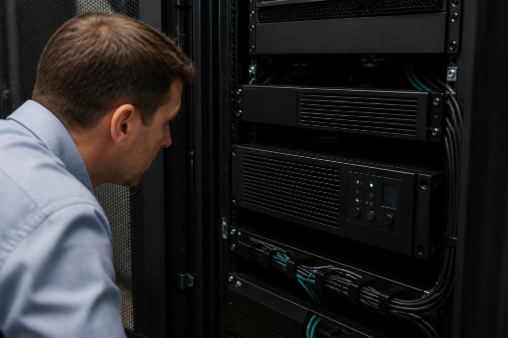 Close-up of a rack-mounted UPS unit in a server room, indicator lights blinking on the front panel, cables organized neatly in cable management brackets, with a technician in a collared shirt examining the display readout under cool overhead lighting
