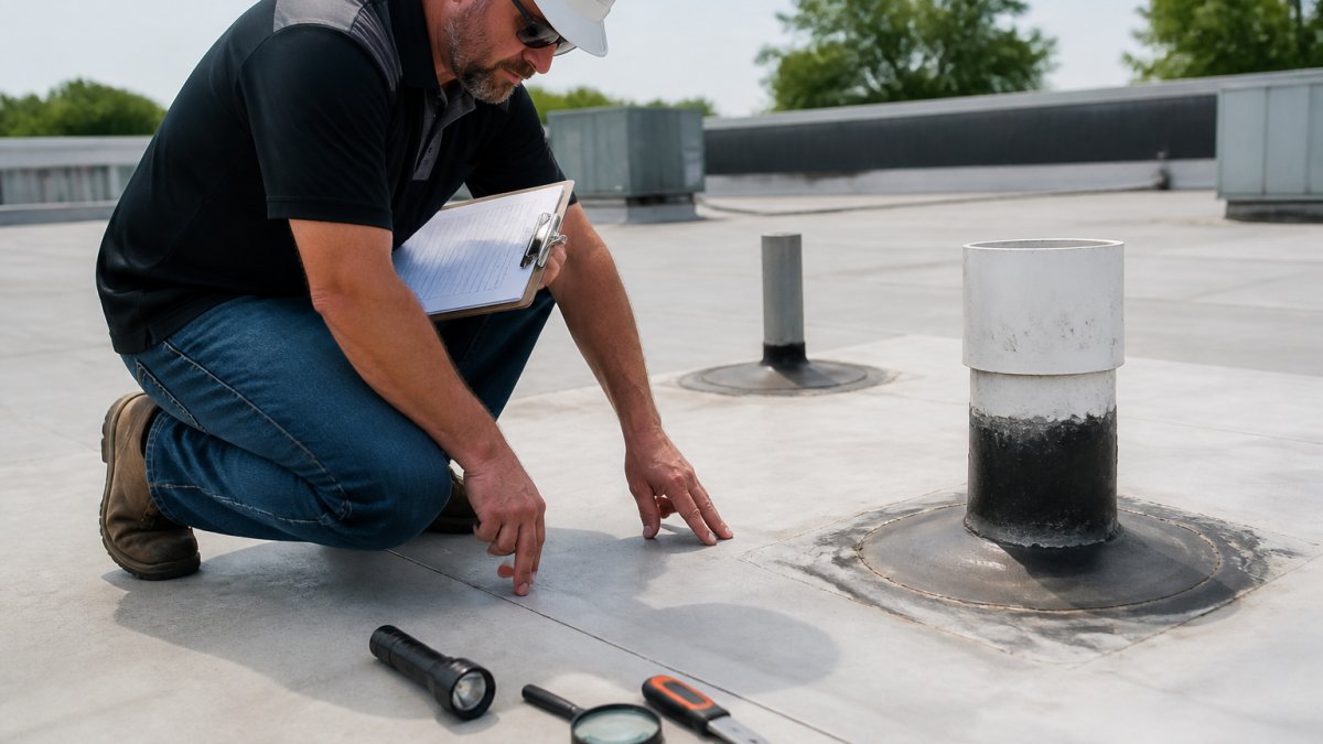 Commercial roofing professional conducting flat roof inspection, examining membrane seams and penetrations with clipboard and inspection tools in daylight