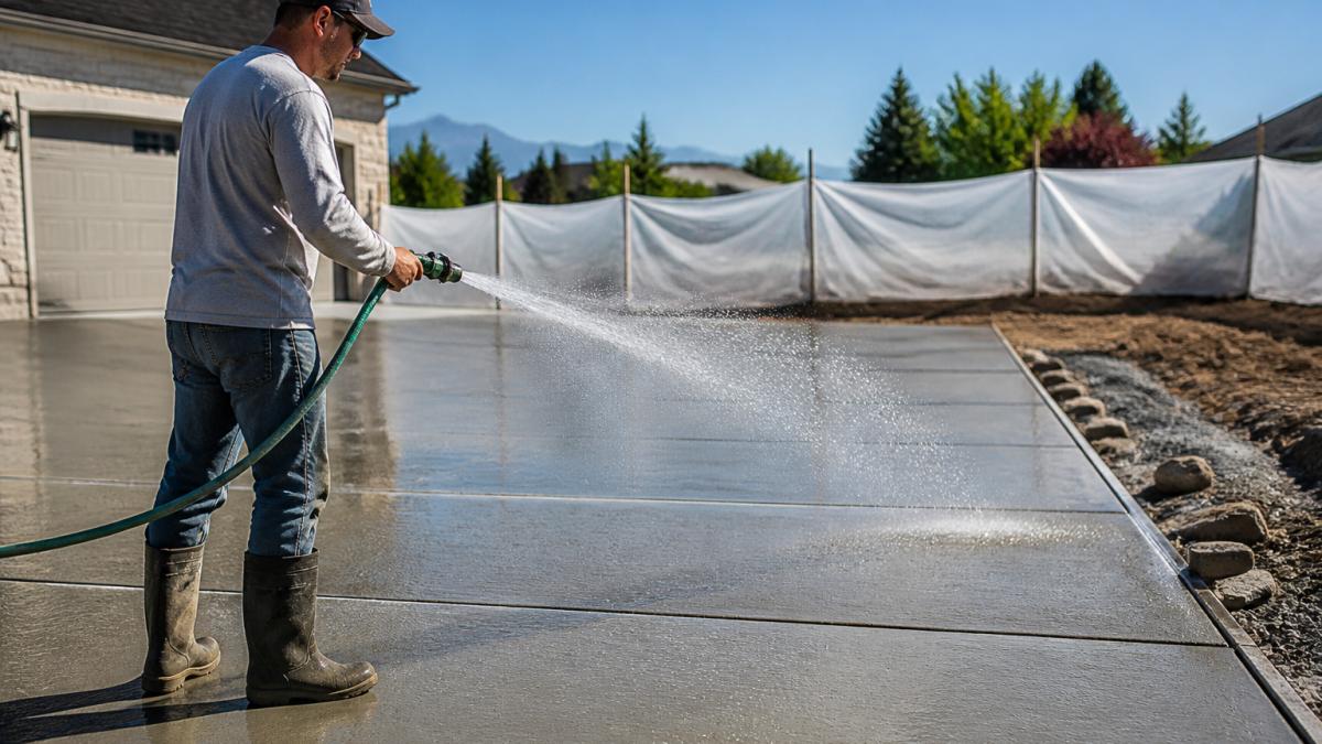 A concrete contractor spraying water on a freshly poured concrete driveway with a hose, with plastic sheeting partially visible in the background under a clear sky