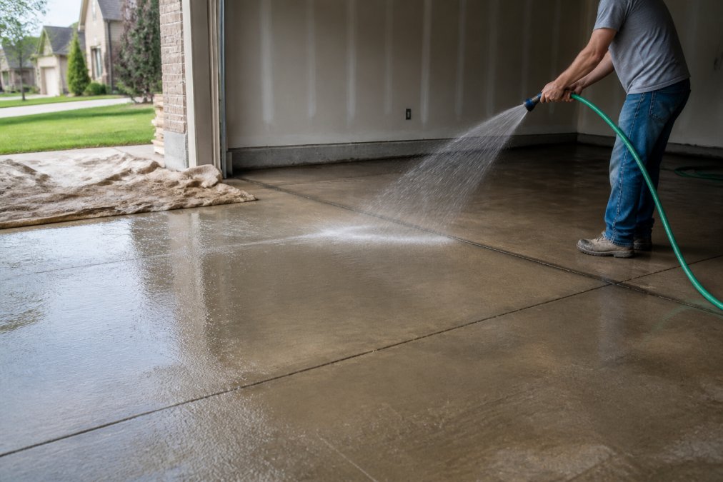 A homeowner spraying water on a freshly poured concrete garage floor slab with a garden hose attachment, wet burlap covers visible in the background