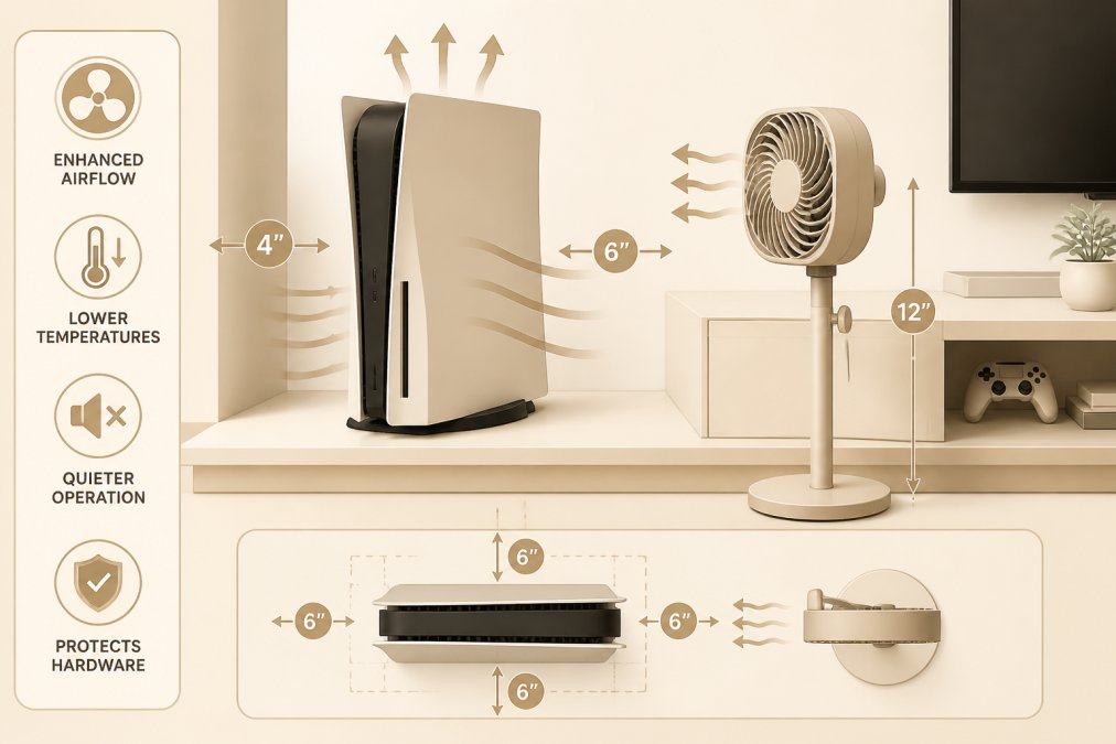 Gaming console setup with external cooling fan mounted on a stand nearby, showing proper ventilation clearance and airflow circulation around the device in home entertainment environment