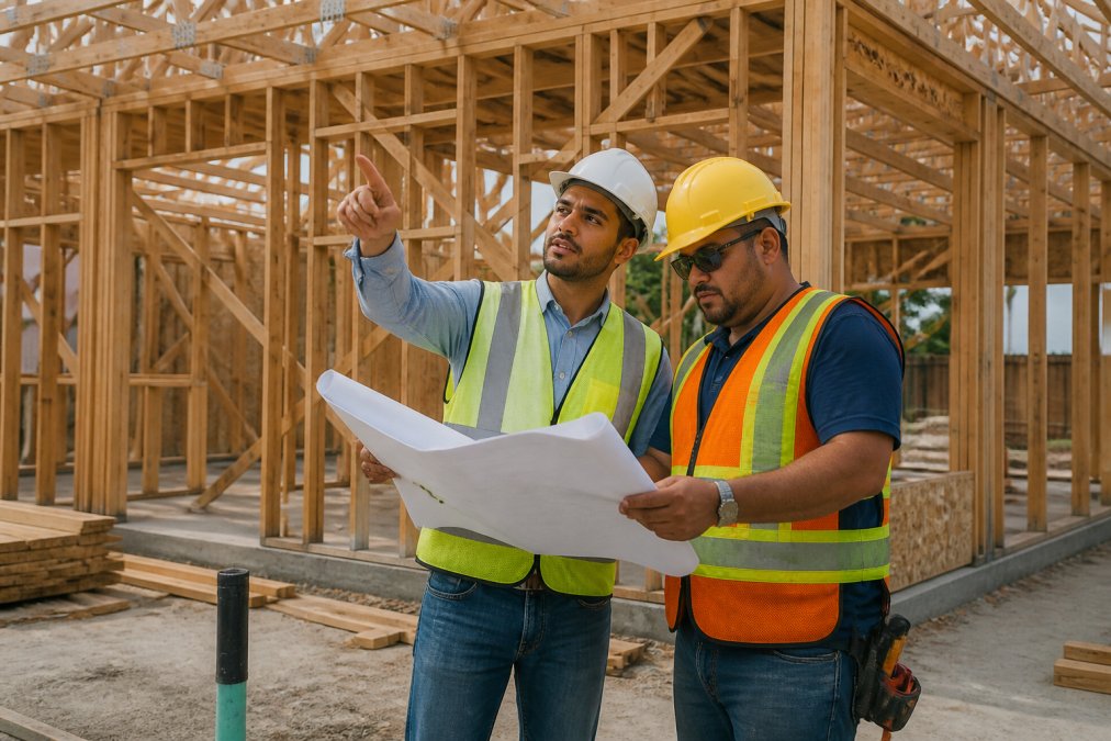 A project manager in a hard hat reviewing blueprints with a subcontractor on an active construction site, pointing at a potential issue in the framing