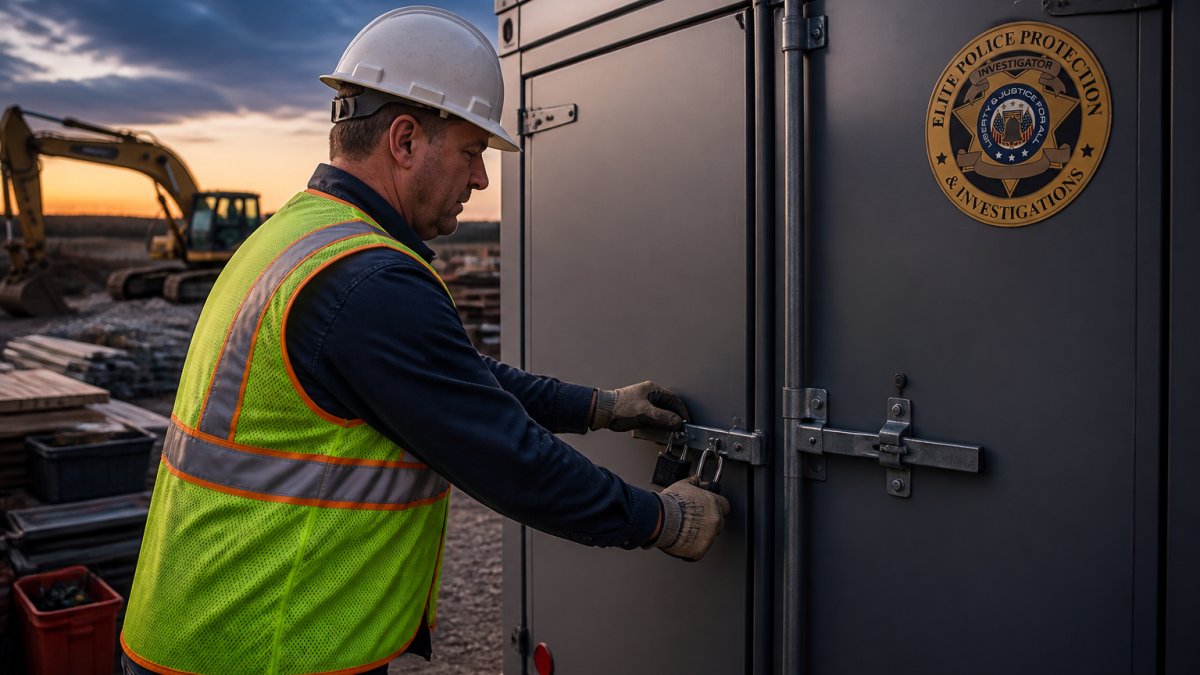 A construction site supervisor in a hard hat and safety vest locking a steel mobile storage container at dusk, with an excavator and stacked tools visible in the background