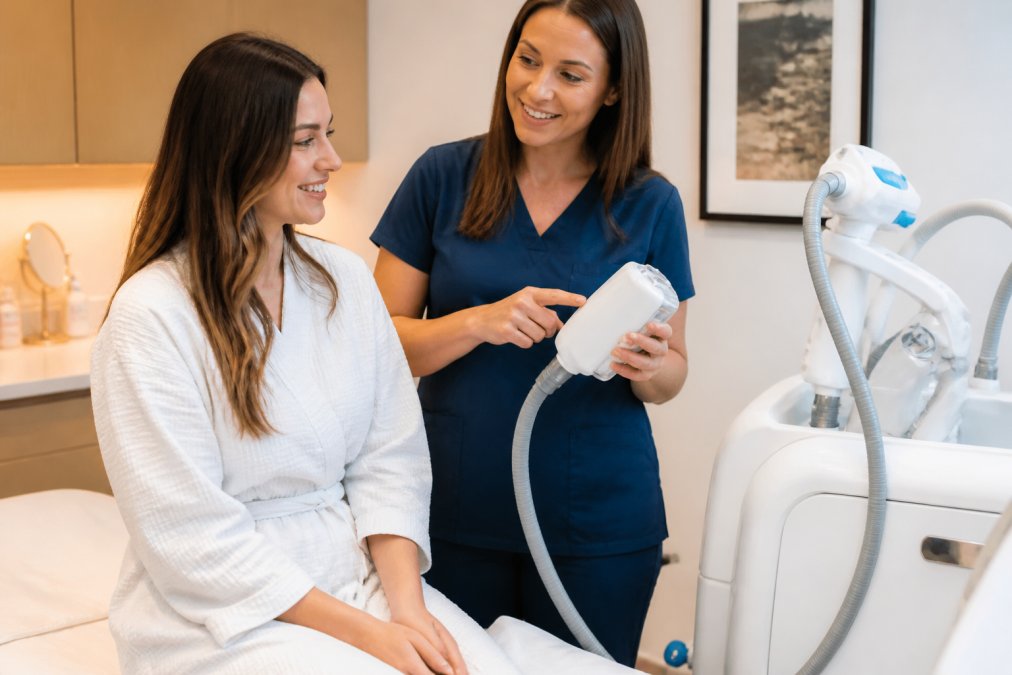 A nurse in medical scrubs consulting with a patient in a bright, modern medical spa treatment room, pointing to a CoolSculpting device