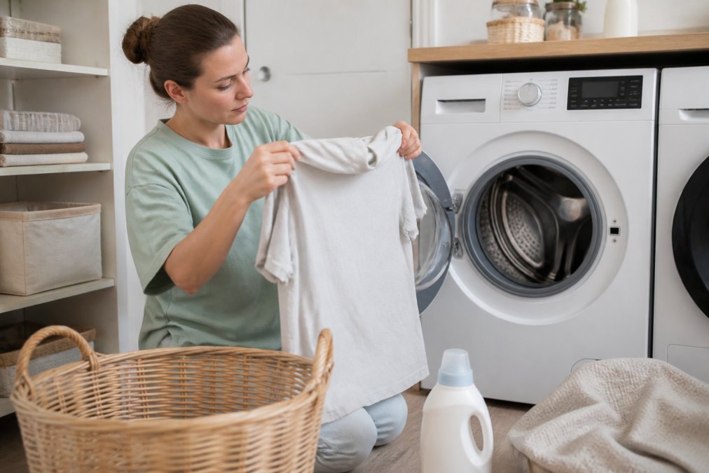 A person turning a printed t-shirt inside out before placing it in a washing machine, with a laundry basket and detergent bottle visible in a bright home laundry room