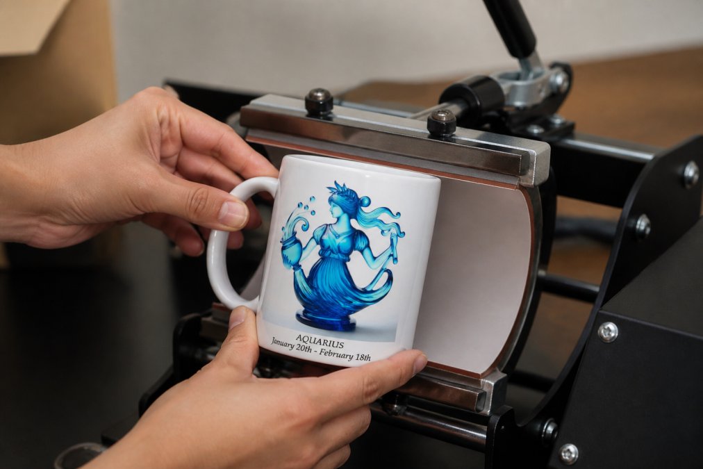 A custom ceramic mug being positioned carefully in a heat press with even pressure applied across the transfer area, showing the sublimation transfer process