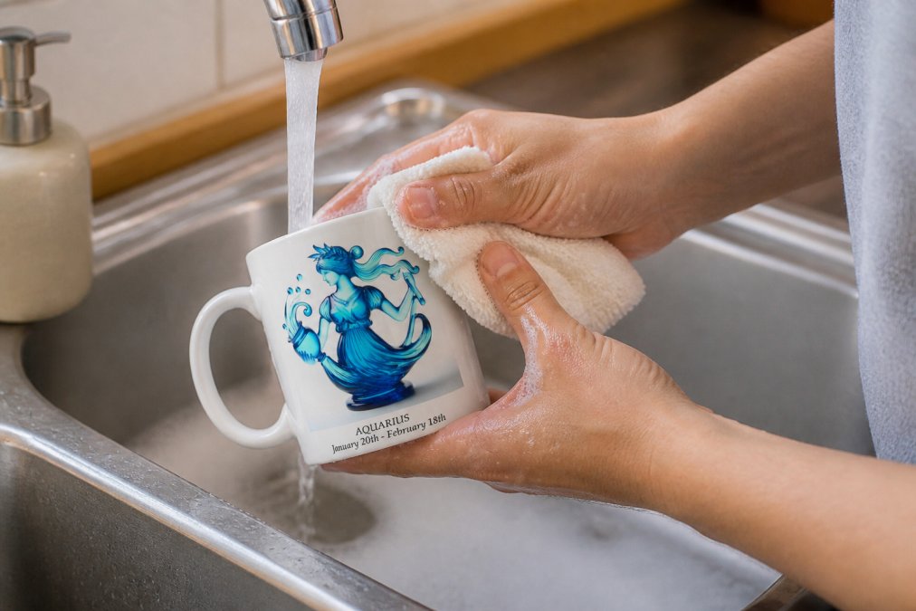 Hands gently washing a custom ceramic mug under warm running water with a soft cloth and mild soap, showing careful cleaning technique in a kitchen sink