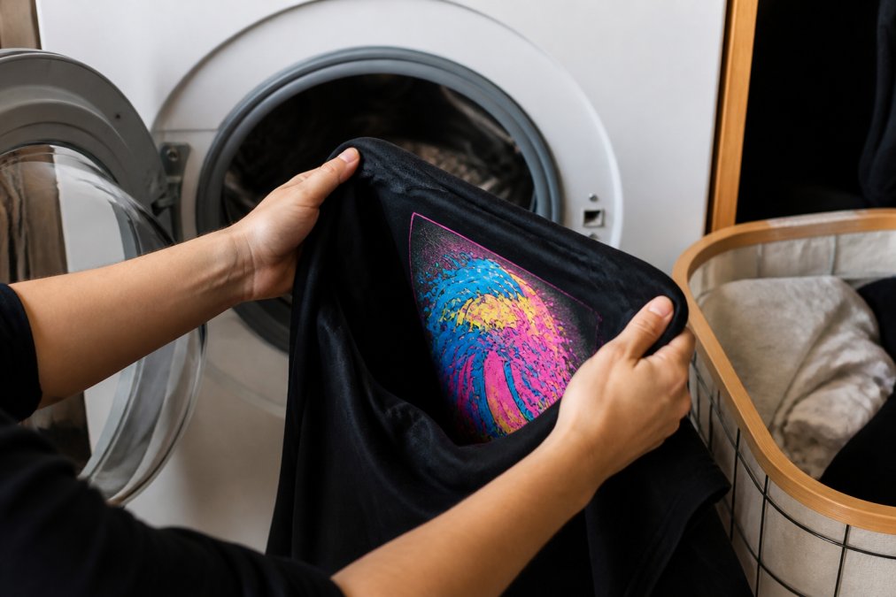 Hands turning a custom printed shirt inside-out, revealing the vibrant screen print on the interior fabric before placing it into a washing machine