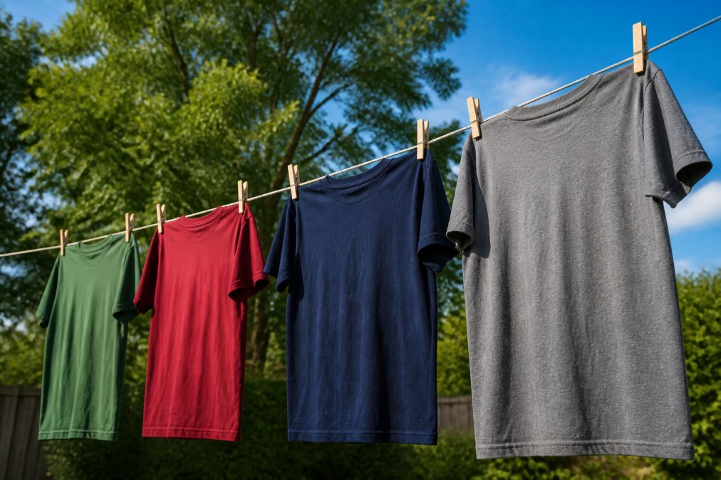 Custom printed shirts hanging on a clothesline to air dry outdoors in natural light, with green trees and blue sky visible in the background