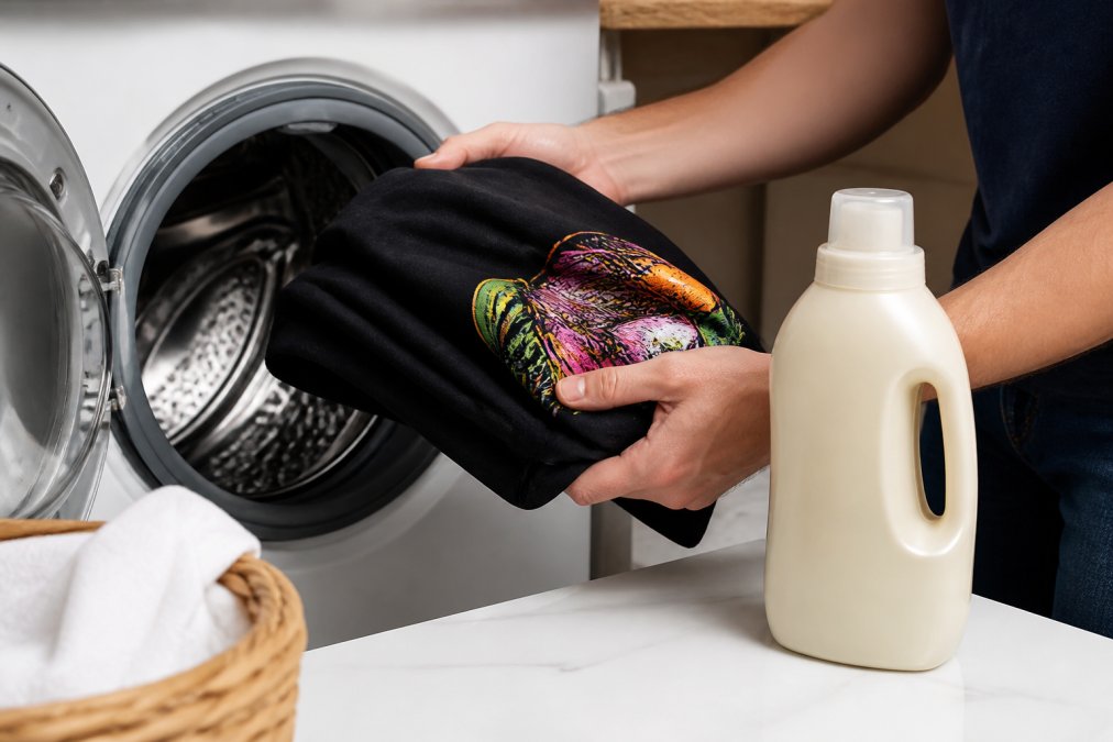 Close-up of hands turning a vibrant graphic tee inside out before placing it into a front-loading washing machine, with a bottle of gentle liquid detergent visible on the white countertop nearby, warm indoor lighting