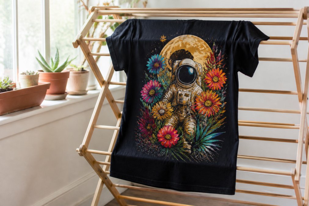 A brightly colored custom graphic tee hanging flat on a wooden drying rack indoors near a large window with soft natural light, the printed side facing the rack slats, a clean white wall in the background